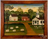 folk art townscene by Diane Ulmer Pedersen, oil on board, sold Jul 2019
