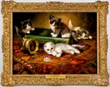 titled Mischievous Kittens by Johannes Wouterus Trirum, oil on panel, sold Jul 2019