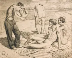 Untitled (Taking a Swim) by Jacques-Charles Derrey, 1935, engraving on paper, sold Jan 2022