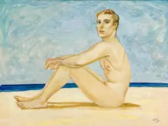 Untitled (Nude on Beach) by Emlen Etting, oil on paper, sold Jan 2022