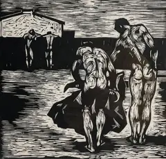 Minotauromachie by Gus Baker, 1955, linocut, sold Jan 2022