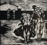 Minotauromachie by Gus Baker, 1955, linocut, sold Jan 2022