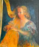Untitled (Woman Playing Harp) by Clara Klinghoffer, oil on canvas, sold Jan 2022
