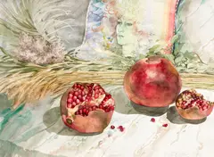 Aphrodite and Pomegranates by Robert Adler, 1989, watercolor on Strathmore paper, sold Jan 2022
