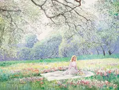 Woman in Field of Flowers by Charles Zhan, oil on canvas (unstretched), sold Jan 2022