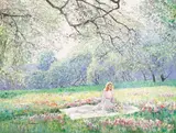 Woman in Field of Flowers by Charles Zhan, oil on canvas (unstretched), sold Jan 2022
