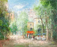 Garden Café by Willi Bauer, oil on canvas (unstretched), sold Jan 2022