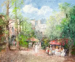 Springtime Café by Willi Bauer, oil on canvas (unstretched), sold Jan 2022