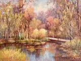 Autumn Pond by Sang M. Lee, oil on canvas (unstretched), sold Jan 2022