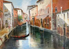 Terra Cotta Buildings on Venice Canal by Stan Pitri, oil on canvas (unstretched), sold Jan 2022