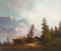 Log Cabin by Karl Schmidbauer, oil on canvas (unstretched), sold Jan 2022