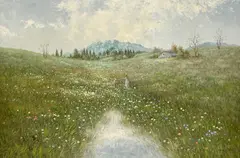 Girls in a Meadow by Hyun Bo Yoo, oil on canvas (unstretched), sold Jan 2022