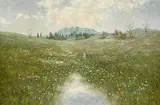 Girls in a Meadow by Hyun Bo Yoo, oil on canvas (unstretched), sold Jan 2022