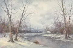 Winter House on a Pond by Hyun Bo Yoo, oil on canvas (unstretched), sold Jan 2022