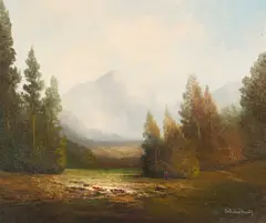 Mountain Lake by Karl Schmidbauer, oil on canvas (unstretched), sold Jan 2022
