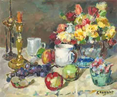 Still Life with Candle by Alfred Chagniot, oil on canvas (unstretched), sold Jan 2022