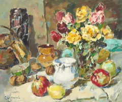 Still Life with Roses by Alfred Chagniot, oil on canvas (unstretched), sold Jan 2022