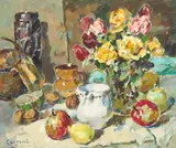 Still Life with Roses by Alfred Chagniot, oil on canvas (unstretched), sold Jan 2022
