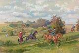 Débuché du Rallye Gaiement, devant la ferme de Panchien, à Baudry (au premier plan, la baronne Karl Reille) by Karl Reille, Gouache, sold Jun 2014
