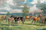 L'entraînement sur l'hippodrome de Chantilly (?) by Karl Reille, Gouache, sold Jun 2014