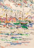 Les bateaux by Lélia Pissarro, Aquarelle sur traits d'encre, sold Jun 2014