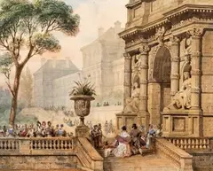 Vue d'un arc de triomphe dans le jardin d'un palais animé de personnages by François Joseph Nolau, Crayon noir, plume, aquarelle signé en bas à droite, sold Jun 2014
