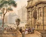 Vue d'un arc de triomphe dans le jardin d'un palais animé de personnages by François Joseph Nolau, Crayon noir, plume, aquarelle signé en bas à droite, sold Jun 2014