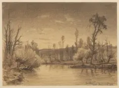 La Seine à Vix, Bourgogne, 5 novembre 1857 by Anton Melbye, Crayon noir et crayon de couleur sur papier, sold Mar 2021