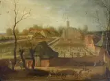 Activité des champs près du château by Adriaen van Stalbemt, Panneau de chêne, deux planches, renforcé (marque écrite au revers) (fentes au panneau), sold Apr 2014