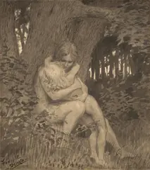 Beichte by Fidus, 1892, Pinsel in Schwarzgrau über Bleistift auf Papier auf anthrazitfarbenem Karton, sold Jun 2015