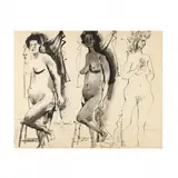 Three Nude Figures by Byron Browne, Ink and ink wash on paper, sold Oct 2023