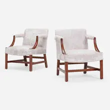 Lounge chairs, pair by Edward Wormley, c. 1950, mahogany, upholstery, sold Aug 2022