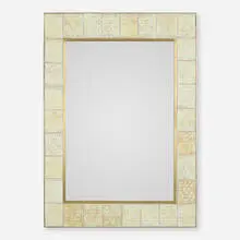 Wall mirror by Modern, c. 1970, glazed ceramic tile, mirrored glass, brass, sold Aug 2022