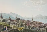 Zoug vers les Monts Righi et Pilate by Franz Schmid, aquatint, sold Dec 2015