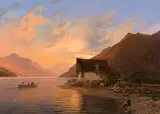 Fischerhaus am See bei Sonnenuntergang, 1845 by Ulrich, Johann Jakob Ii., oil on canvas, sold Dec 2015