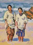 Zwei Japanerinnen am Strand spazierend, 1940 by Conrad Meili, oil on canvas, sold Dec 2015