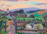 Garten mit Tisch, Frau und Kind", um 1950 by Eduard Gubler, oil on canvas, sold Dec 2015