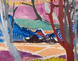 Landschaft mit Häusern vor Gebirgspanorama, 1975/76 by Hannes Gruber, oil on canvas, sold Dec 2015