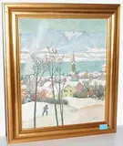 Das tief verschneite Zollikon mit Blick auf die Kirche und den See, 1940 by Fritz Boscovits, mixed media, sold Dec 2015