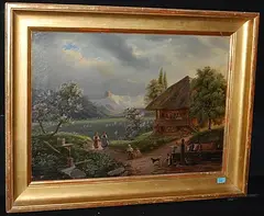 Frühlingslandschaft mit Bauerngehöft und Blick auf das Stockhorn, 1866 by Carl Brunner, oil on canvas, offered Dec 2015