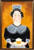 Untitled (Maid with Cupcake) by Joan Hancock, acrylic on board, sold Jan 2024