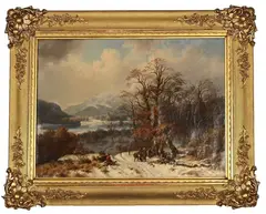 Fox Hunting Party Resting on the Roadside in a Winter Landscape by Wilhelm Reinhardt, oil on canvas, sold Mar 2026