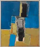 Blue Abstraction with Vertical Forms by Peter Kinley, circa 1955, Oil on Canvas, sold May 2025