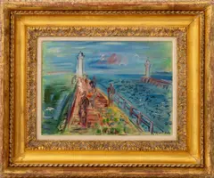 Les Jetees de Deauville-Trouville" [The Deauville-Trouville Jetties] by Raoul Dufy, circa 1930, Oil on Canvas, sold May 2025