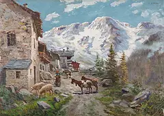 Ziegen in einem Bergdorf im Aostatal by Cesare Maggi, oil on canvas, sold Sep 2015