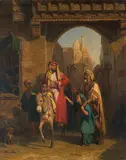 Mädchen, mit seinem blinden Vater, an einem Stadttor Kairos um Almosen bittend, 1843 by Edouard Girardet, oil on canvas, sold Sep 2015