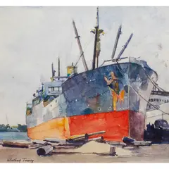 Untitled (Cargo Ship) by Winthrop Duthie Turney, 1938, watercolor, sold Feb 2024