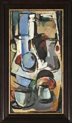 Abstracted Still Life by Kobus Louw, oil on canvas mounted on board, sold Mar 2026