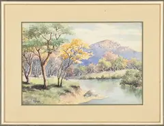 Landscape with Mountain by Joan Evans, watercolour on paper, sold Mar 2026