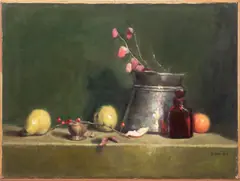 Still Life Scene of Vessels and Fruit by Alice Koscielna, circa 1991, Oil on Canvas, sold May 2025